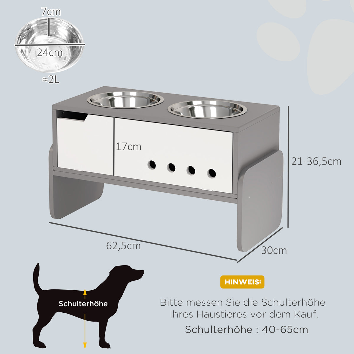 PawHut Erhöhte Fütterungsstation für Hunde, mit Stauraum und Anti-Schling-Matte, 2 x 2000 ml Edelstahlnapf, Grau
