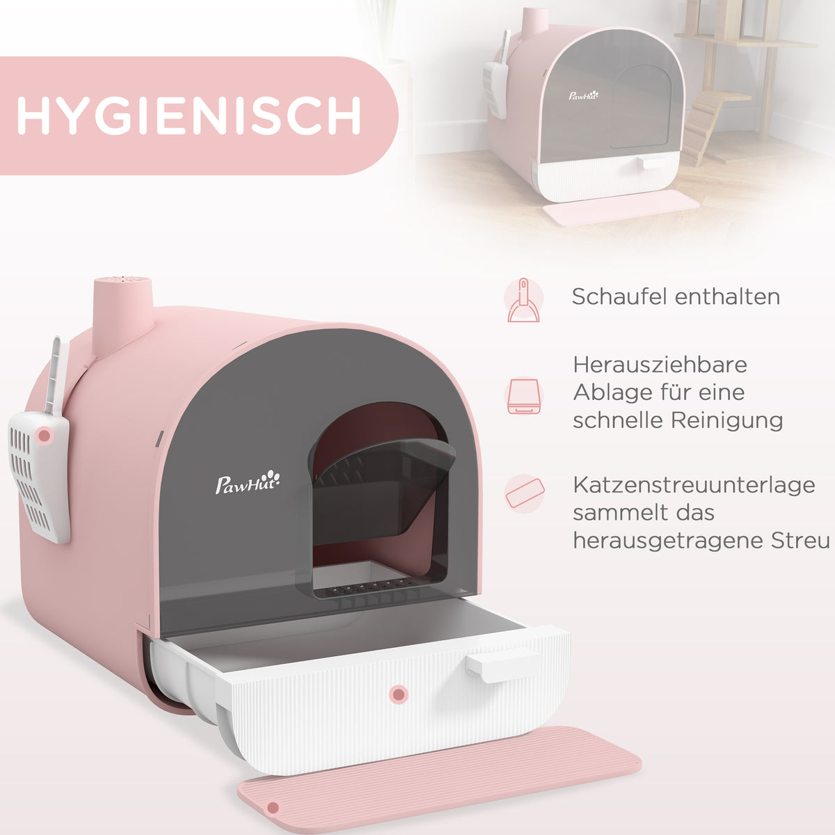 PawHut Katzentoilette mit Deckel, Streuschaufel, Schmutzfangmatte, Kunststoff, Rosa/Schwarz