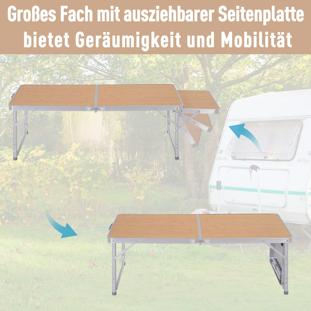 Outsunny Campingtisch höhenverstellbar Klapptisch mit Seittischplatte Klappbar Aluminium 120 x 60cm Naturholz