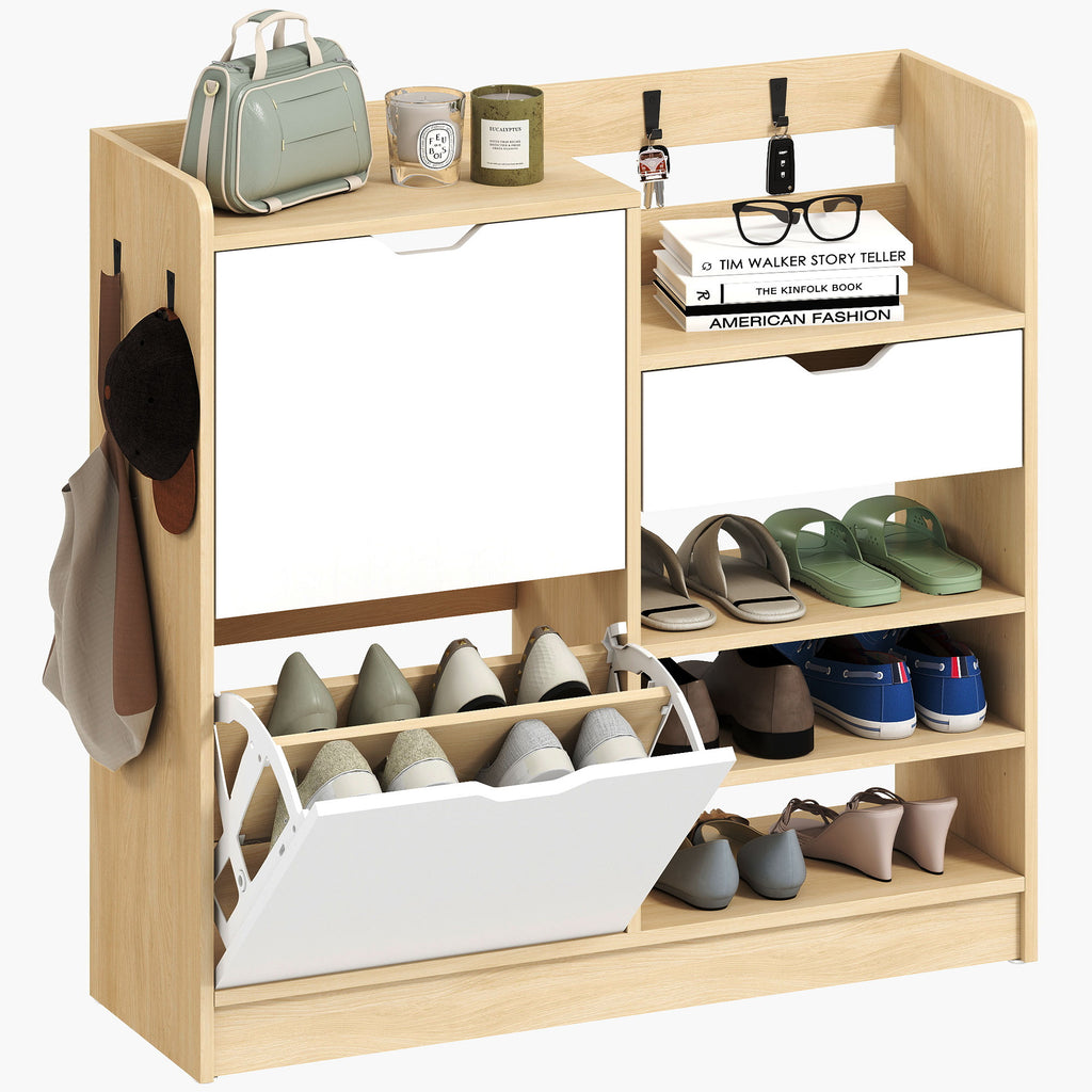 HOMCOM Schuhregal für Flur, Schuhschrank mit Kippschubladen, offenen Regalen, 4 Haken, für bis zu 14 Paar Schuhe, Natur