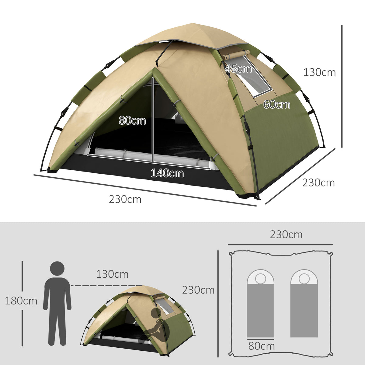 Outsunny Familien-Campingzelt für 3-4 Personen leicht belüftet wasserdicht 3000 mm Tragetasche und oberer Haken