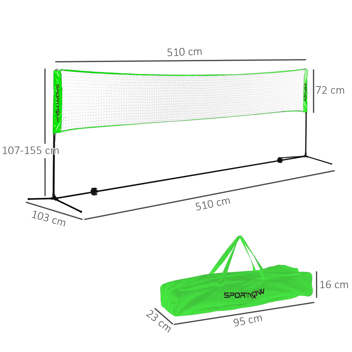 SPORTNOW Badminton-Set mit 2 Schlägern, 3 Federbällen, höhenverstellbar 107-155 cm, Schwarz-Grün