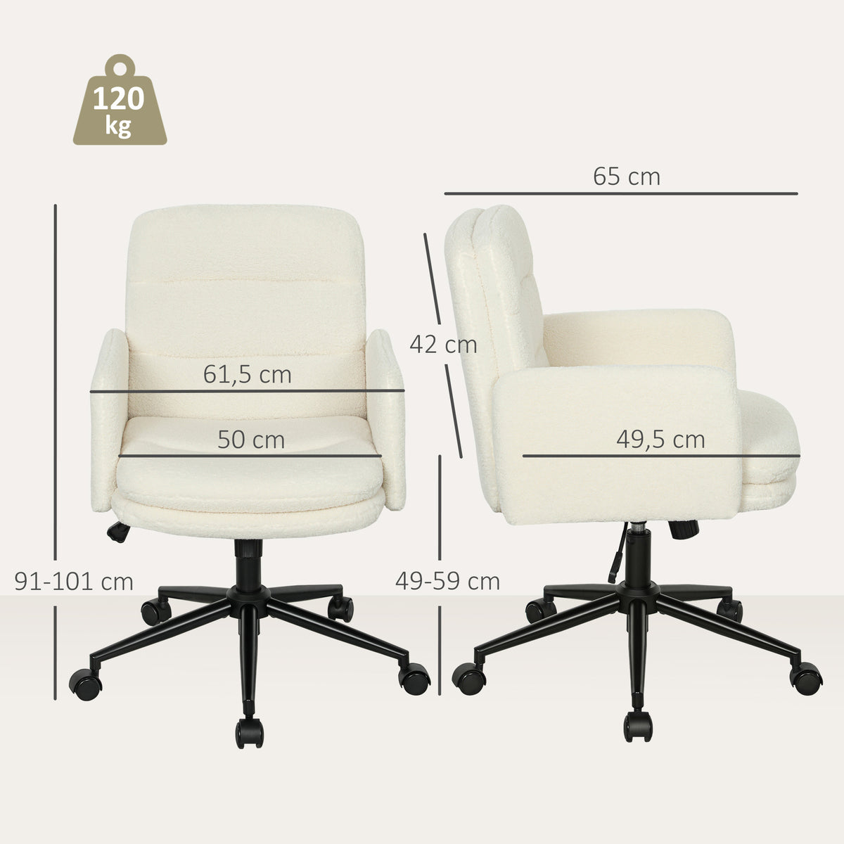 HOMCOM Fahrbarer Bürostuhl mit Stoffbezug, Armlehne, 5 Räder, drehbar, Cremeweiß