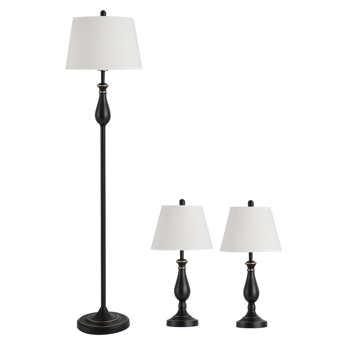HOMCOM 3er-Lampenset 2 Tischlampe(ø30 x 62H cm) + 1 Stehlampe(ø38 x 158H cm)  Vintage, Schwarz+Weiß, Metall, PS, Polyester, Baumwolle E27 Lampensockel