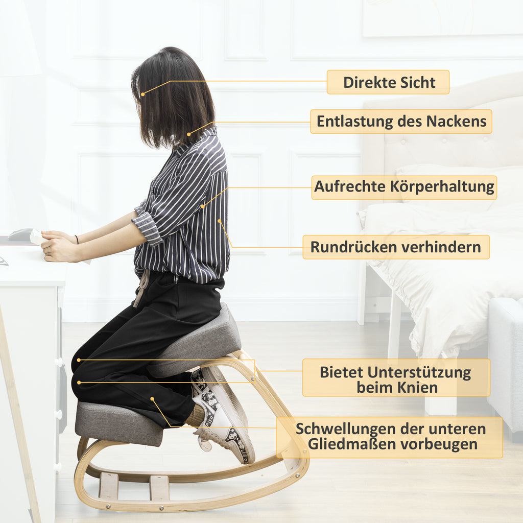 Vinsetto Kniestuhl, ergonomischer Sitzhocker, Polsterhocker für gesunde Sitzhaltung, Birkenholz, 120 kg belastbar, Grau