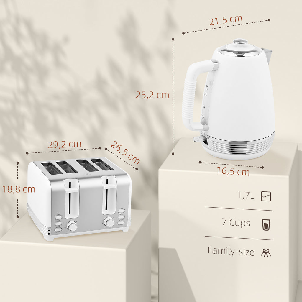 HOMCOM Wasserkocher und Toaster Set, Edelstahl Wasserkocher 1,7 L und 2200 W und 4-Scheiben Toaster, Weiß
