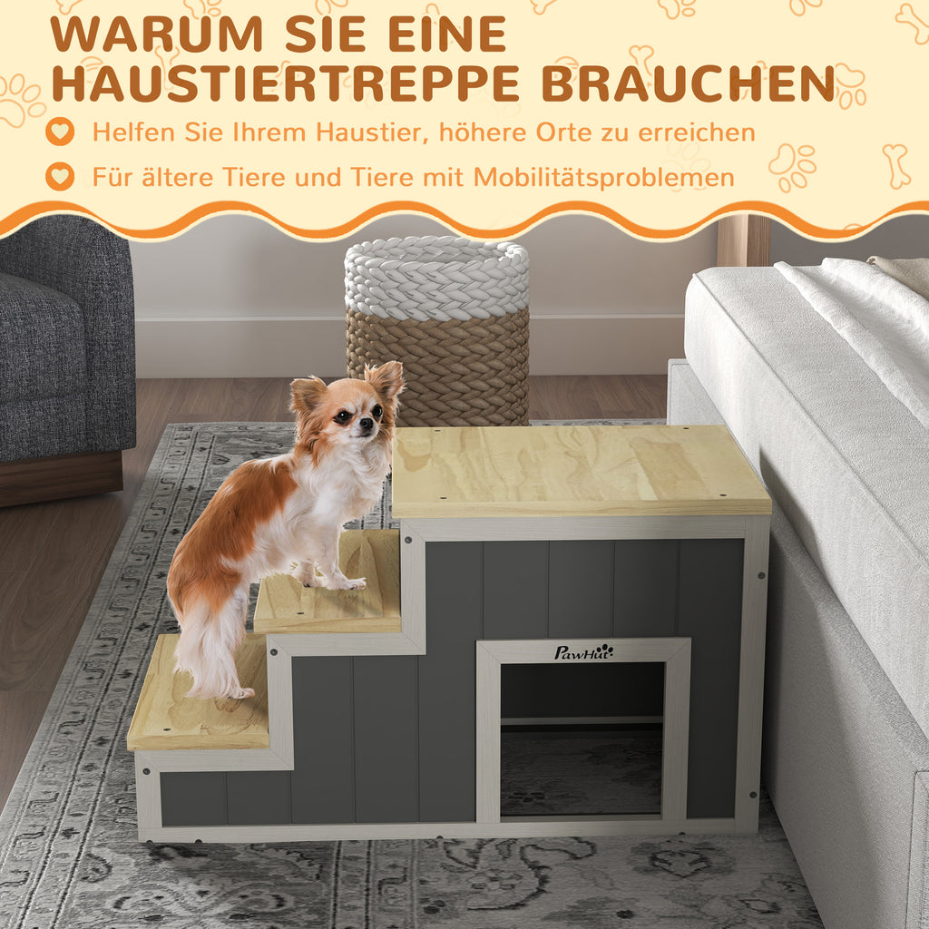 PawHut Haustiertreppe Hundetreppe, 3 Stufen, Kiefernholz, 79 cm x 38,5 cm x 45 cm, Natur + Weiß
