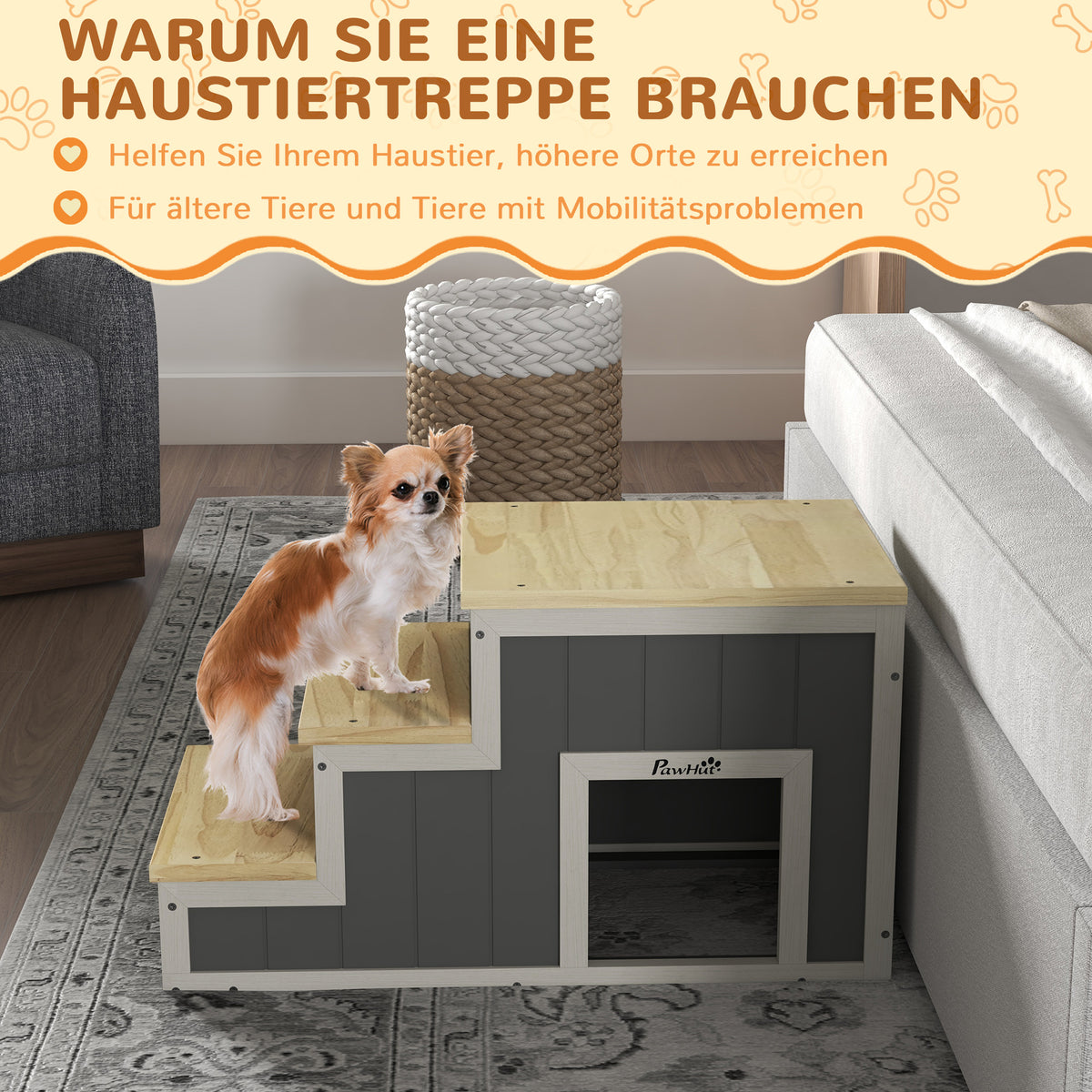 PawHut Haustiertreppe Hundetreppe, 3 Stufen, Kiefernholz, 79 cm x 38,5 cm x 45 cm, Natur + Weiß