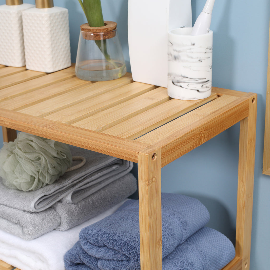 kleankin Badezimmerschrank, Badezimmerkommode mit Lamellentüren, Badregal, Bambusholz, Naturholz