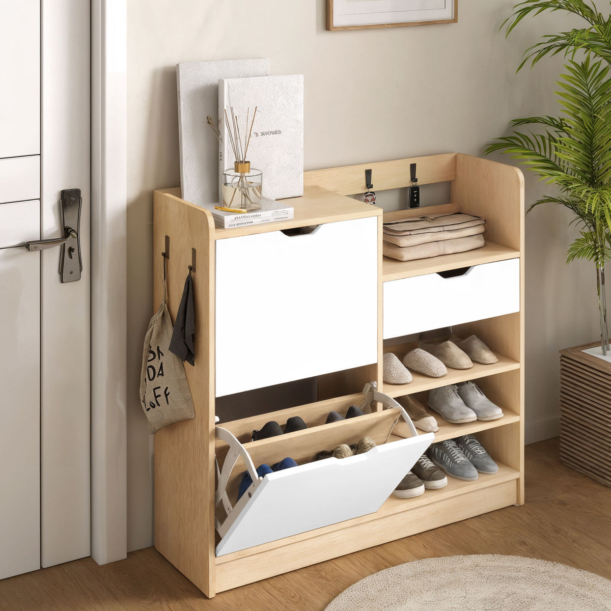 HOMCOM Schuhregal für Flur, Schuhschrank mit Kippschubladen, offenen Regalen, 4 Haken, für bis zu 14 Paar Schuhe, Natur
