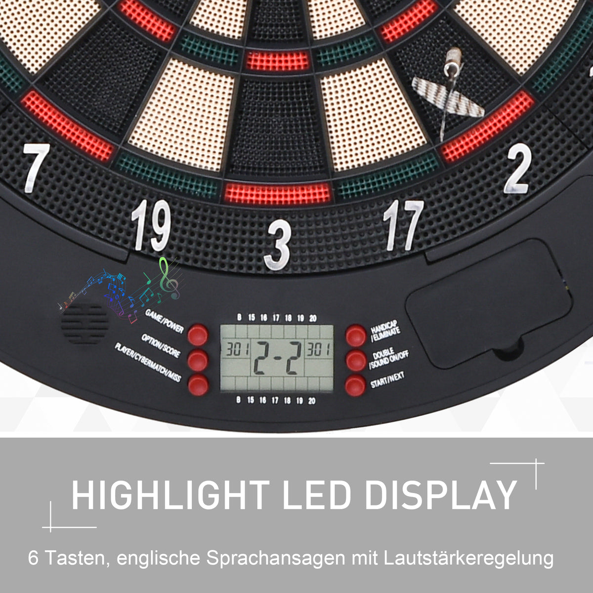HOMCOM Elektronische Dartscheibe Dartboard mit Sprachansagen Englische Stimme LED-Anzeigen 6 Darts 26 Spiele 185 Varianten Dartautomat mit Tür Dartscheibe Set für bis zu 8 Spieler