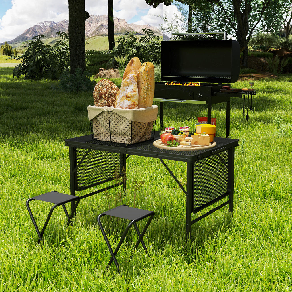 Outsunny Faltbarer Campingtisch mit 2 Seitenregalen, höhenverstellbar für Camping, Picknick, Grillen, Schwarz