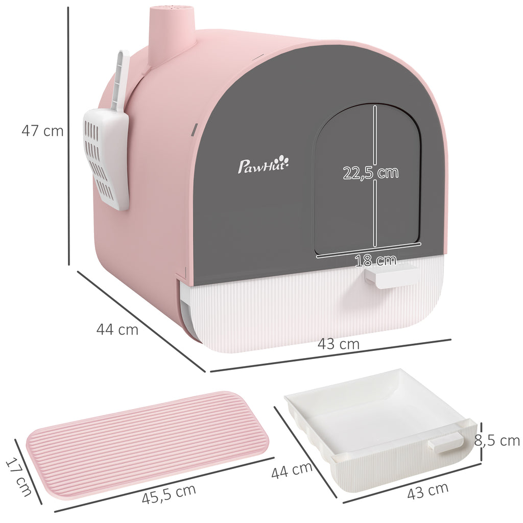 PawHut Katzentoilette mit Deckel, Streuschaufel, Schmutzfangmatte, Kunststoff, Rosa/Schwarz