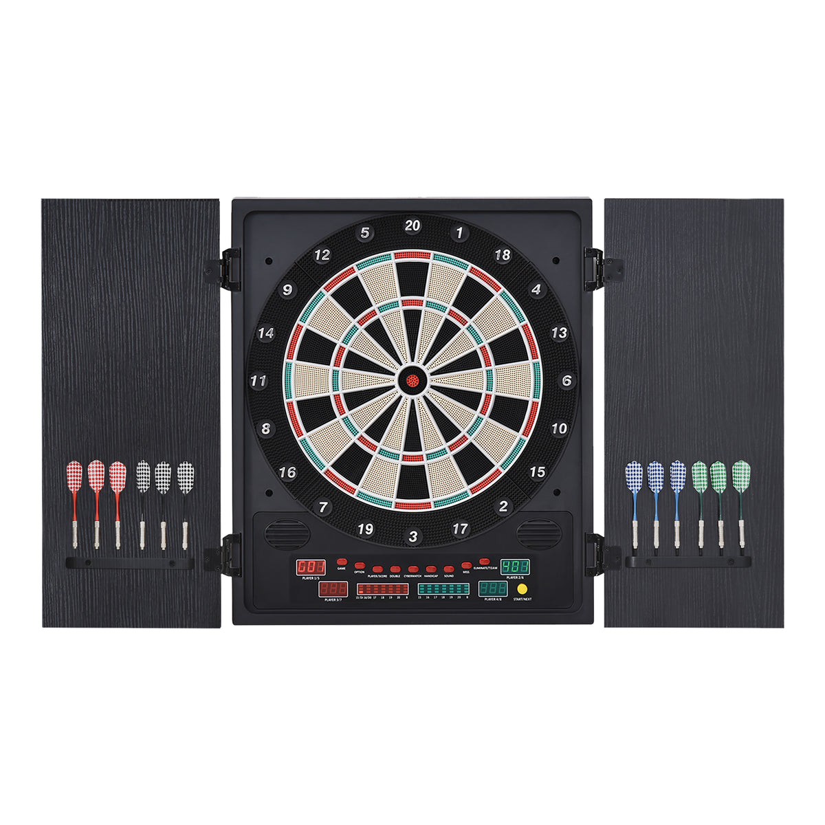 HOMCOM Elektronische Dart-set mit Tür Dartboard Dartscheibe mit automatischer Wertung Soundeffekte 12 Darts 27 Spiele und 202 Trefferoptionen für 8 Spieler 57 x 51 x 6,5 cm