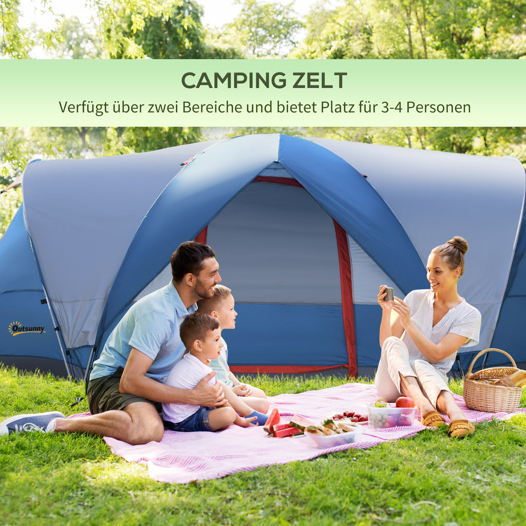 Outsunny Campingzelt für 3-4 Personen, zwei Türen, Netzfenster, blau, 4,75 x 2,64 x 1,50 m
