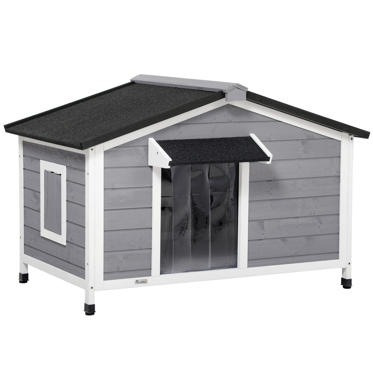 PawHut Hundehütte aus Massivholz, wetterbeständig, Asphaltdach, abnehmbarer Boden, 109 cm x 79 cm x 72 cm, Grau + Weiß