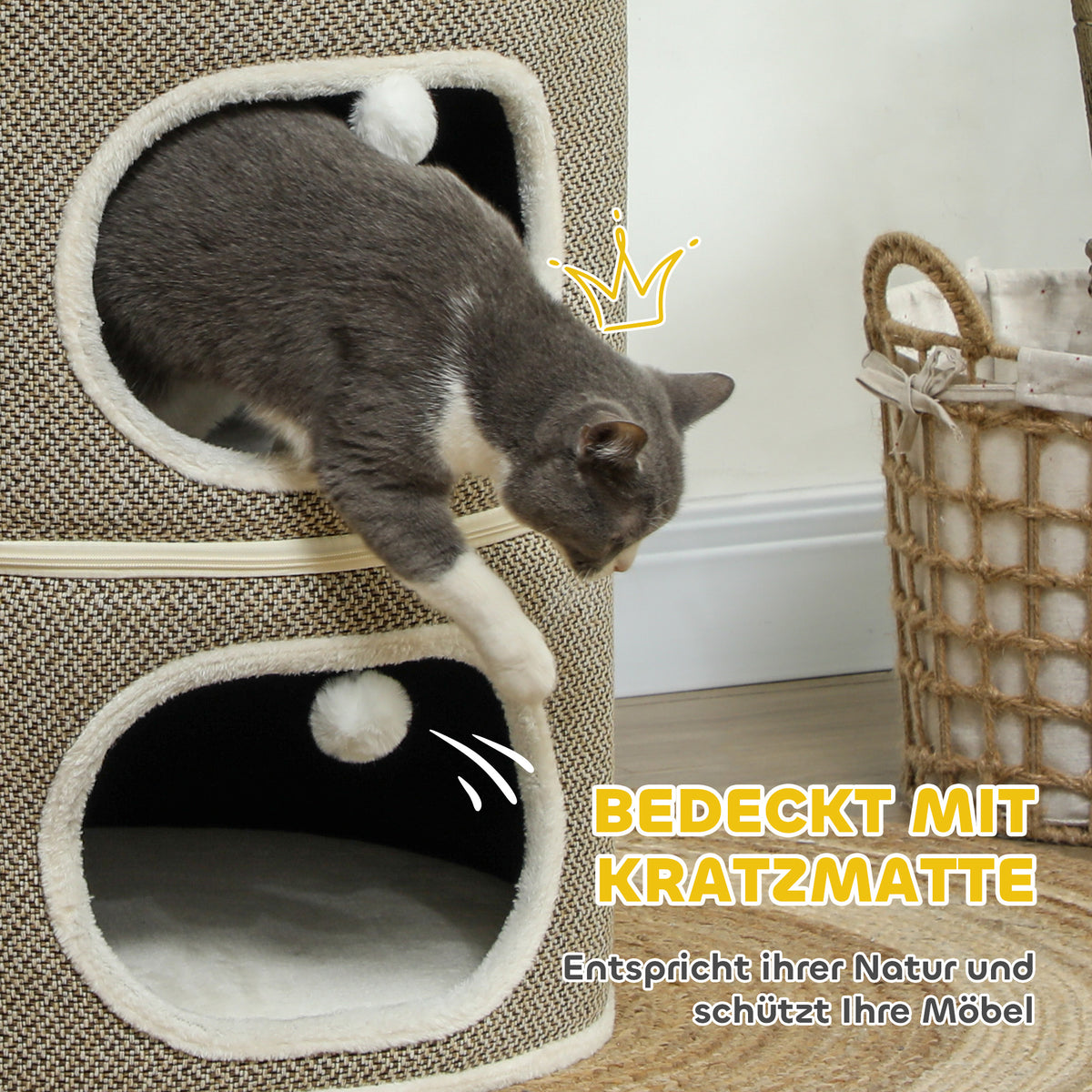 PawHut Katzenfass, 3 Ebenen, mit Kissen, Kratzmatte, Spielbällen, Katzenhaus für Innenbereich, Braun