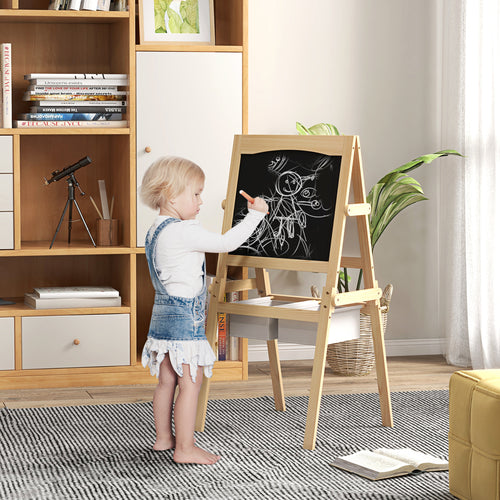 AIYAPLAY Kinderstaffelei Doppelseitige Schiefertafel Weiße Tafel Kreidetafel Papierrolle 58 x 50,5 x 109 cm Natur