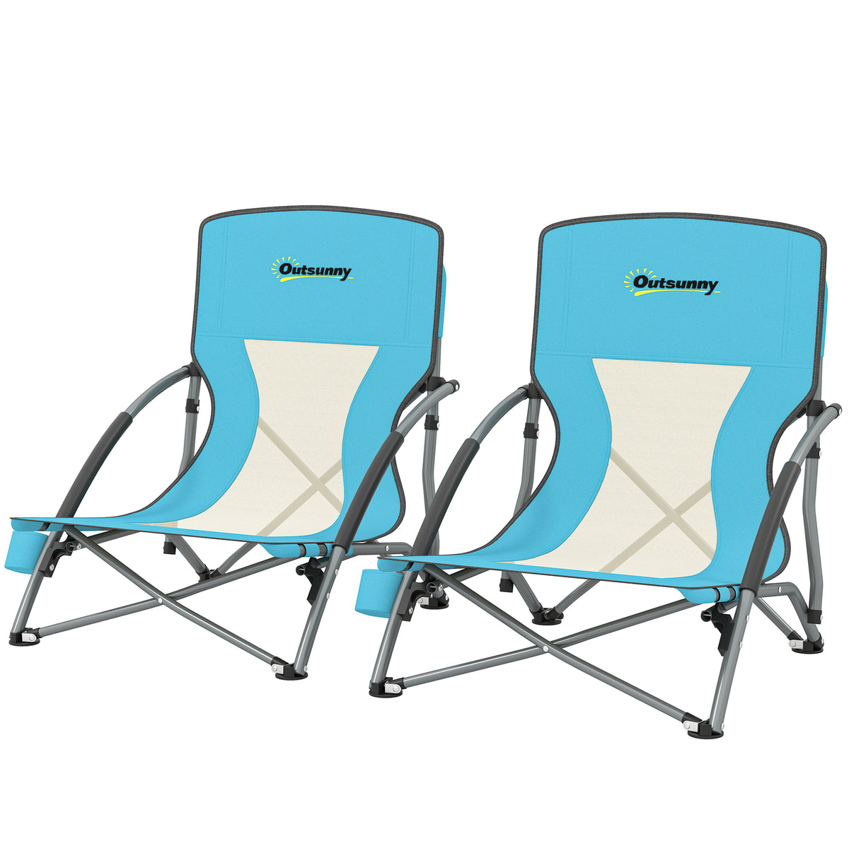 Outsunny Set mit 2 faltbaren Strandstühlen, leichte Campingklappstühle mit Transporttasche und Getränkehalter, 58 x 55 x 62 cm, blau