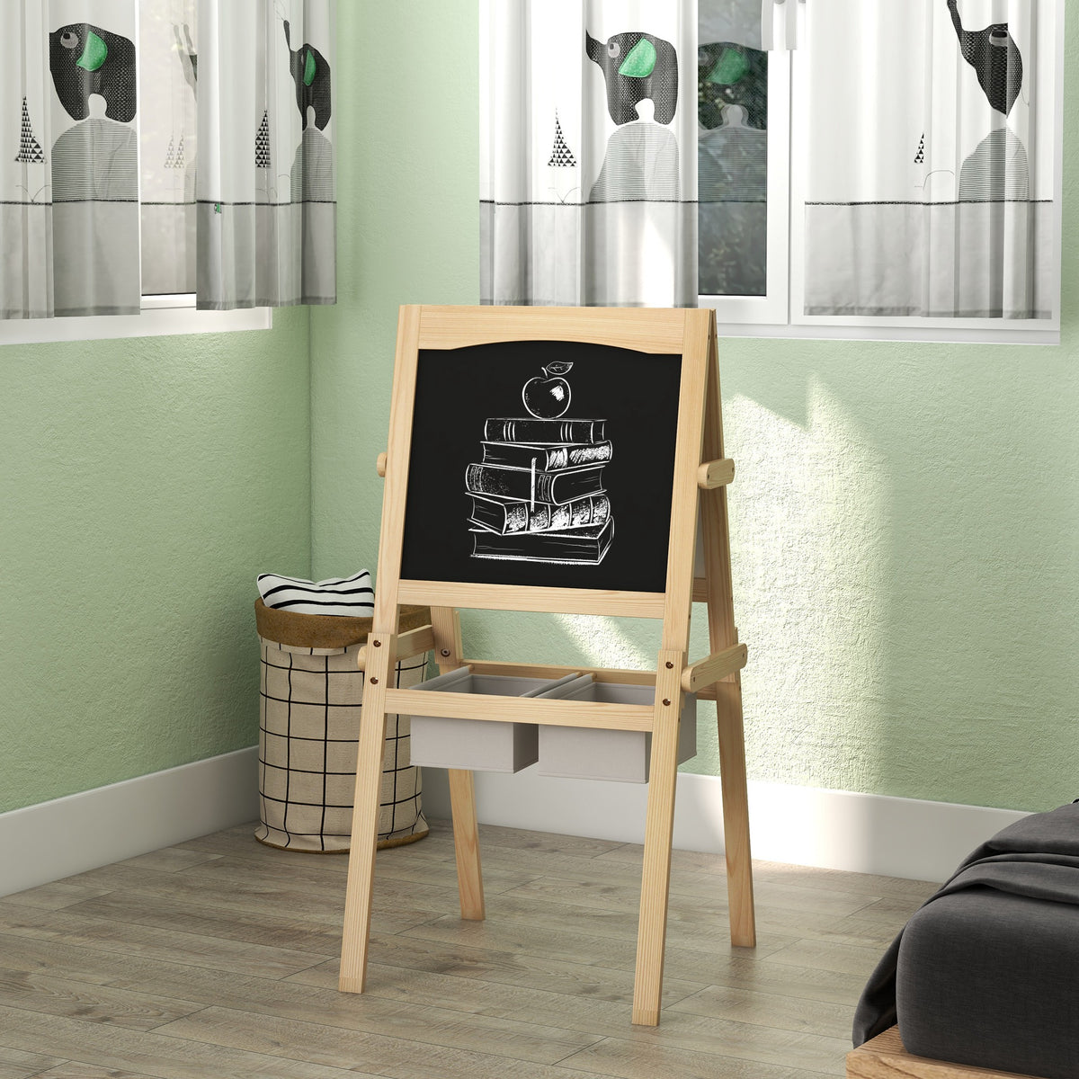 AIYAPLAY Kinderstaffelei Doppelseitige Schiefertafel Weiße Tafel Kreidetafel Papierrolle 58 x 50,5 x 109 cm Natur