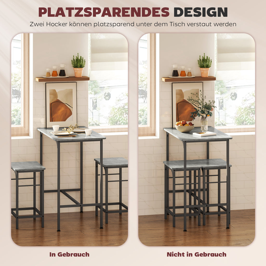 HOMCOM Bartisch Set Bartisch mit Barhocker-Set Esstisch mit 2 Stühlen mit Rutschfestem Fußpolster Grau