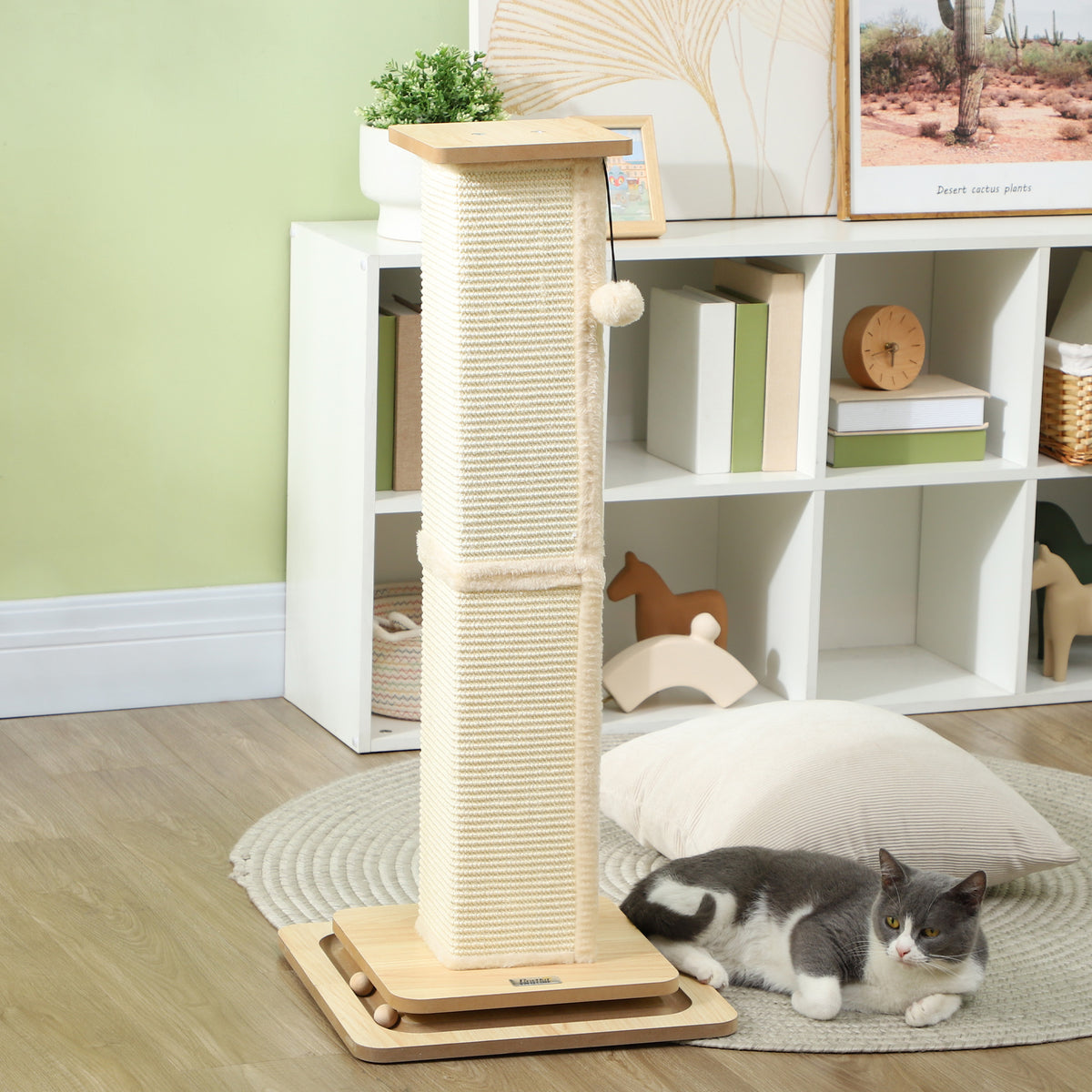 PawHut 3-in-1-Kratzbaum mit Spielschiene, Spielball, Sisal, bis 10 kg, 39,5 x 39,5 x 87 cm, Eiche/Creme