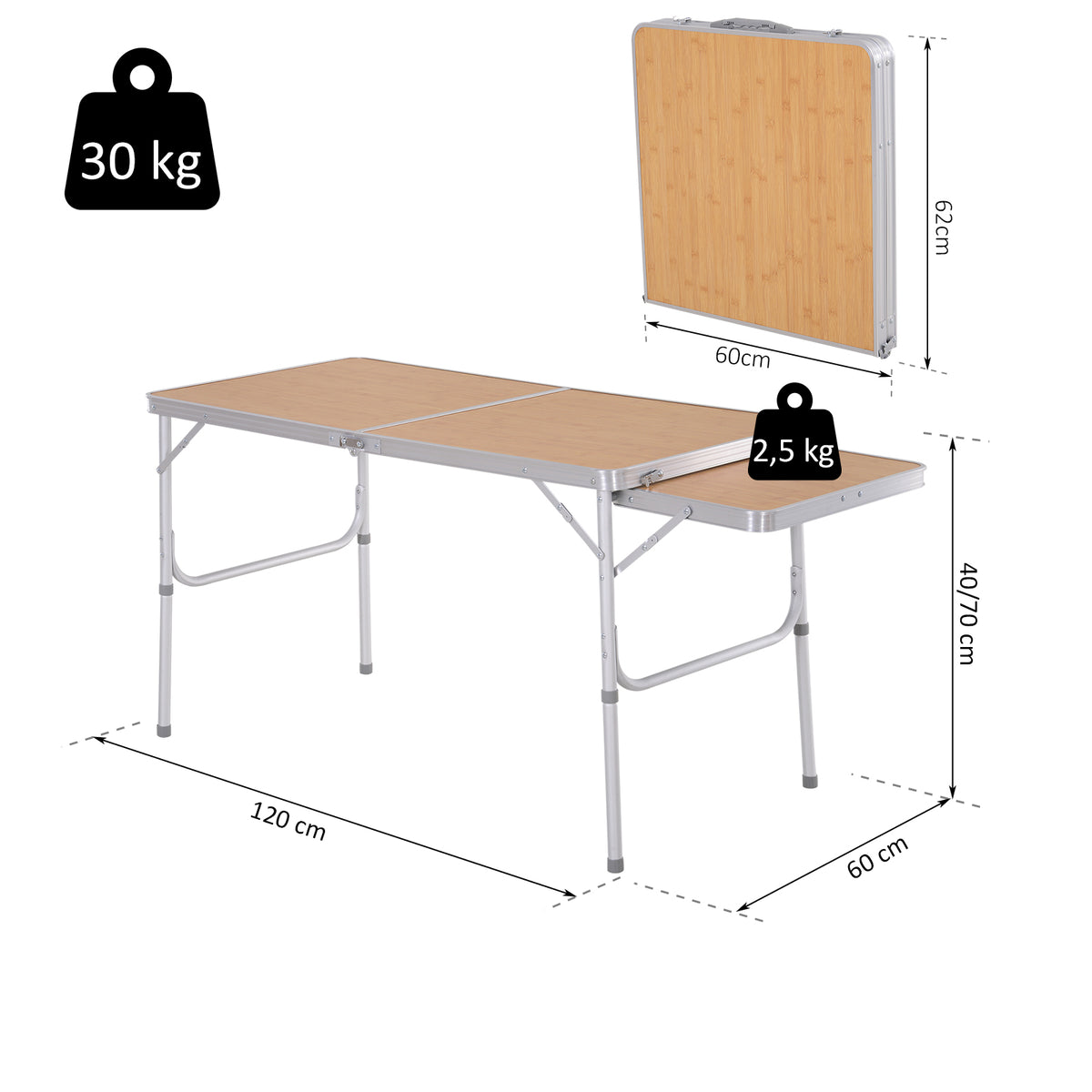 Outsunny Campingtisch höhenverstellbar Klapptisch mit Seittischplatte Klappbar Aluminium 120 x 60cm Naturholz