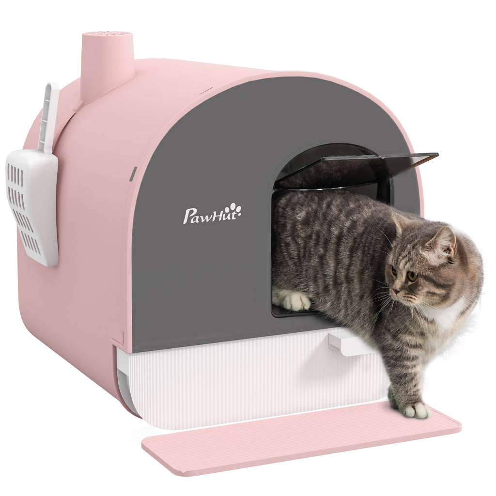 PawHut Katzentoilette mit Deckel, Streuschaufel, Schmutzfangmatte, Kunststoff, Rosa/Schwarz