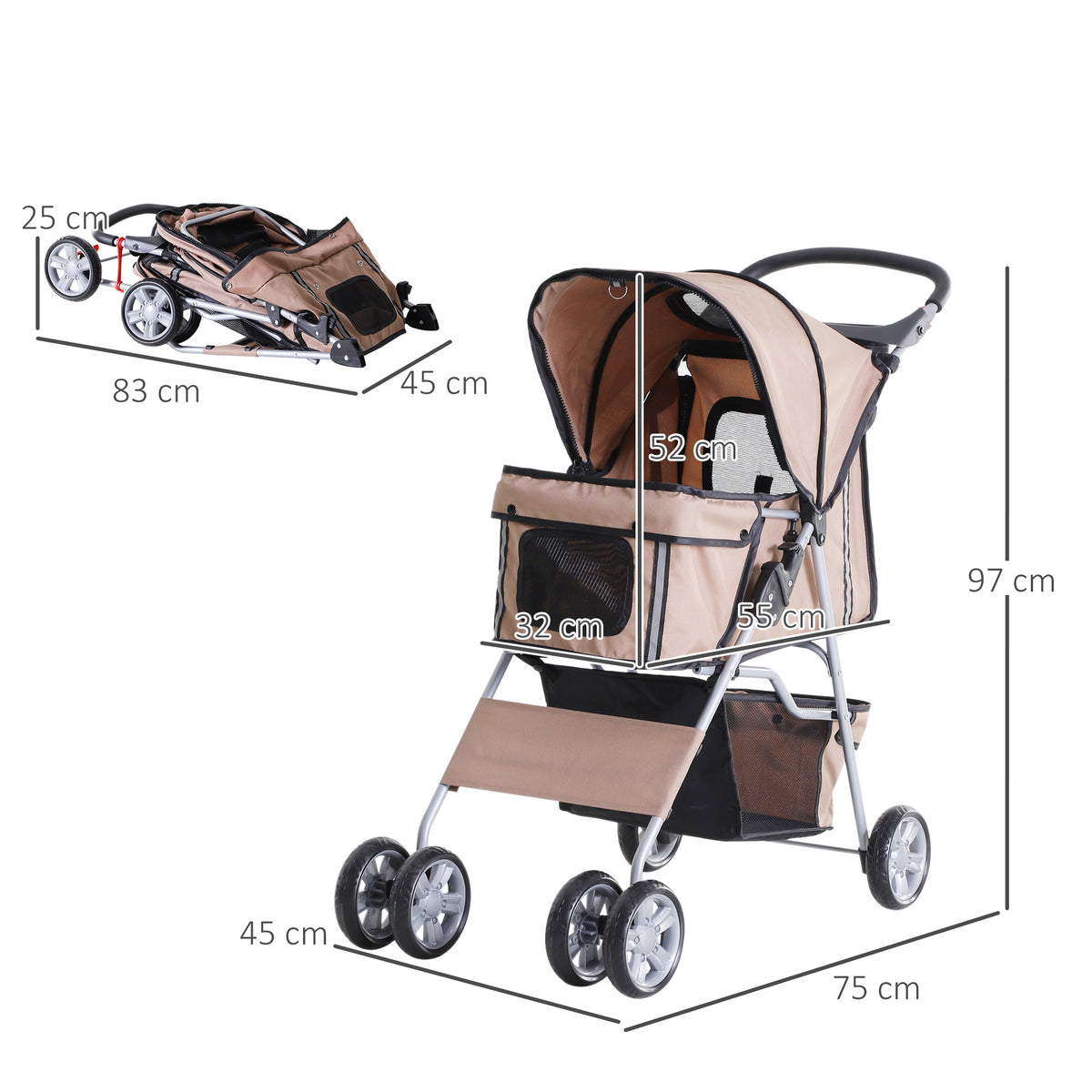 PawHut Hundebuggy Hundewagen bis 10 kg Klappbar Bodenkorb 2 Becherhalter Sonnendach Kaffeebraun