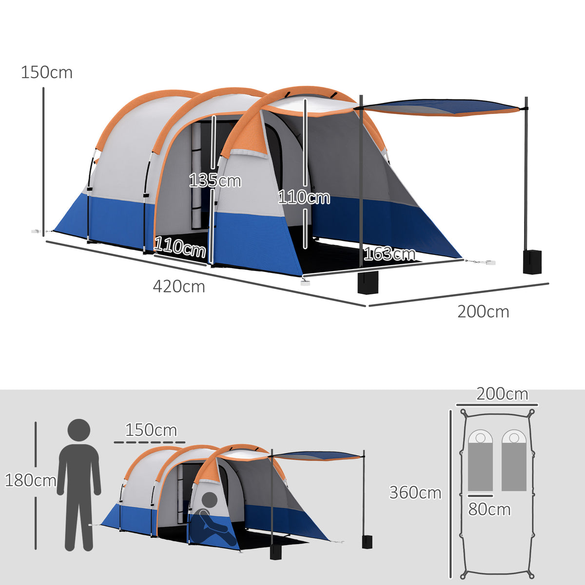 Outsunny Campingzelt, für 3 Personen, Laternenhaken, drei Eingänge, wasserdicht, Orange