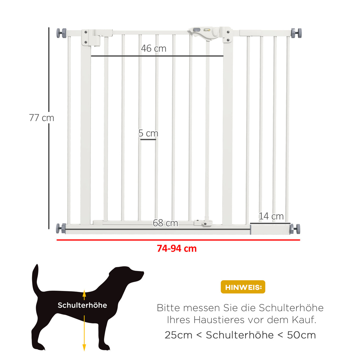 PawHut Türschutzgitter für Hunde, Absperrgitter, Schutzgitter für Haustiere, Metall, Kunststoff, ,74-80/87-94 cm, Weiß