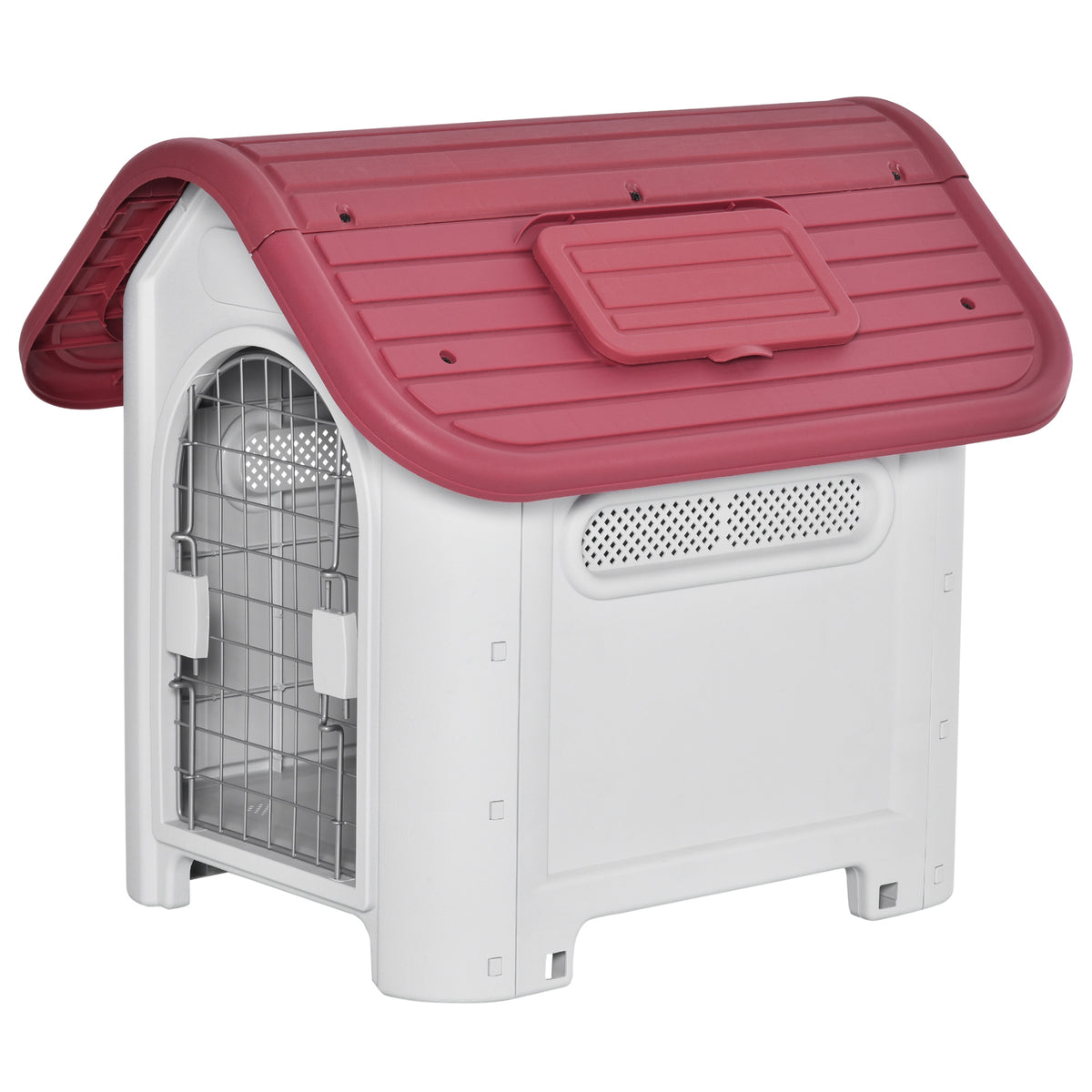PawHut Hundehütte Outdoor Hundehaus mit Dachluke Tor Unterschlupf für kleine Hunde Kleintierstall Luftzirkulation wasserdicht Metall Kunststoff Rot+Hellgrau 59 x 75 x 66 cm