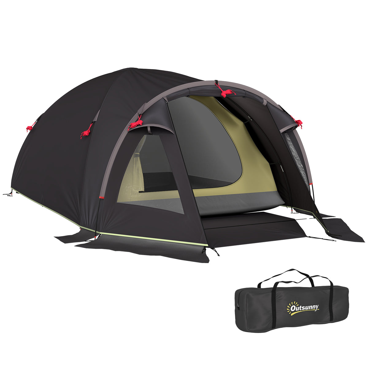 Outsunny Tunnelzelt für 2-4 Personen mit Seitlichen Fenstern und Haken, aus 190T Polyester und PE, 3.3x1.9x1.2 m, Schwarz
