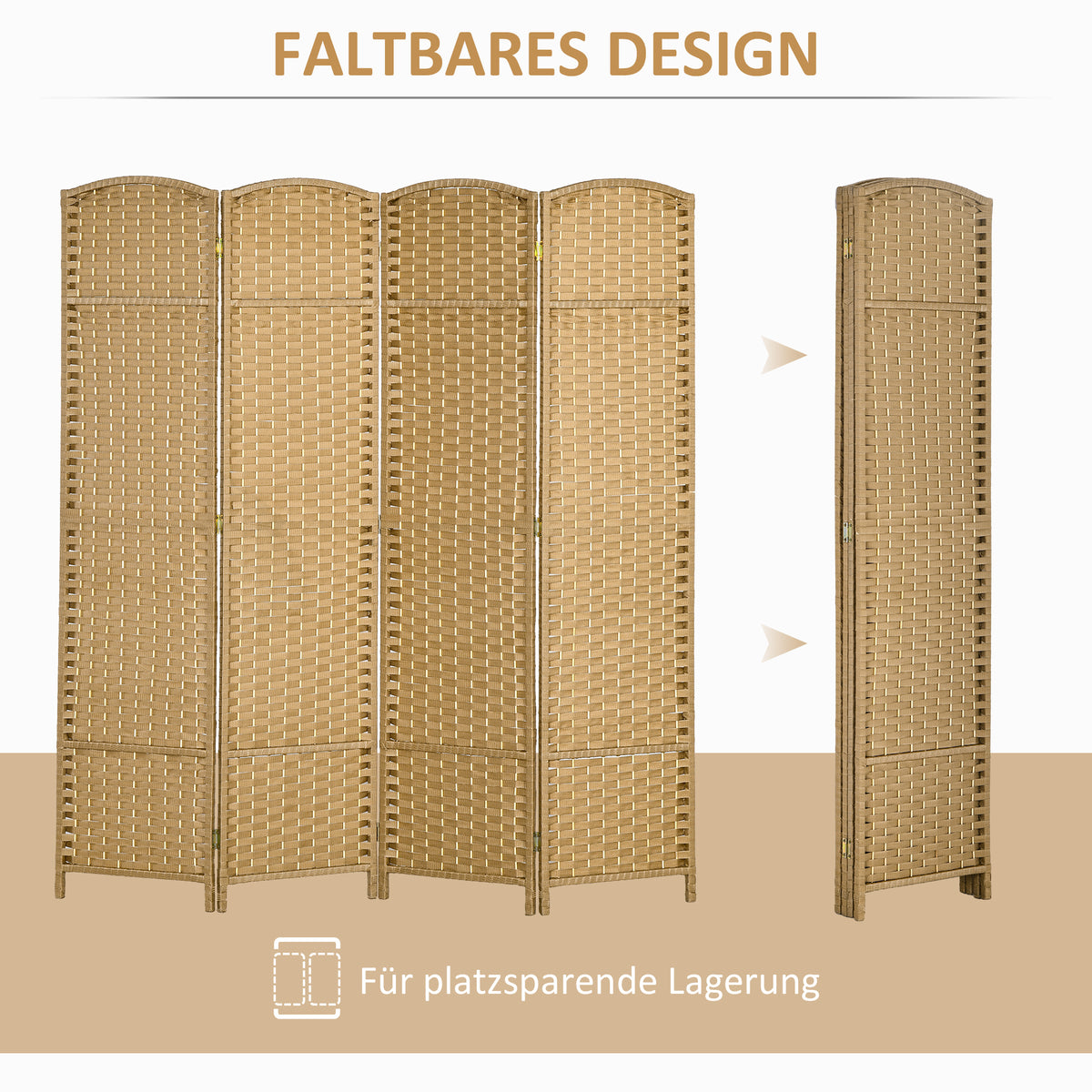 HOMCOM 4-teiliger Raumtrenner, Faltbarer Sichtschutz, Sichtschutzwand für Wohnzimmer, Schlafzimmer, Homeoffice, Natur