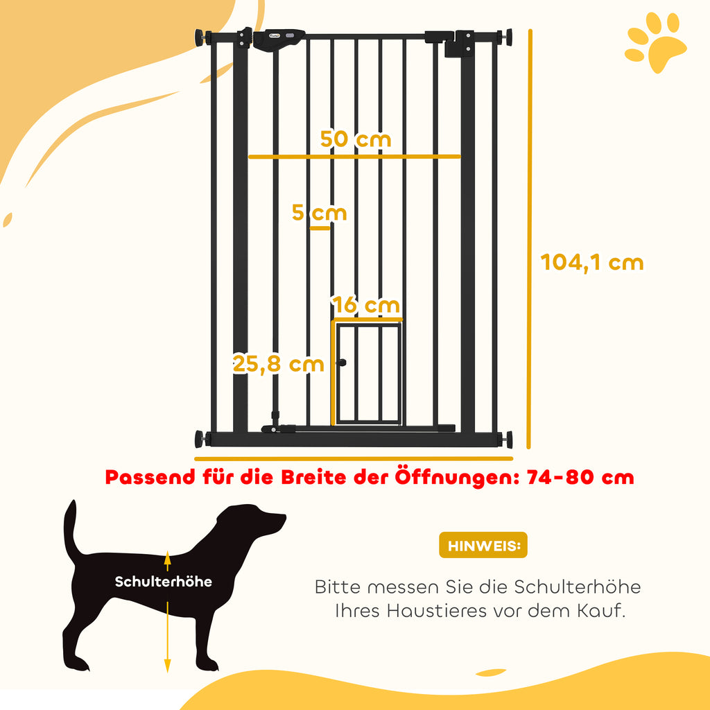 PawHut Hunde-Absperrgitter, doppelte Verriegelung, selbstschließende Tür, 104 cm hoch, Stahl, Schwarz