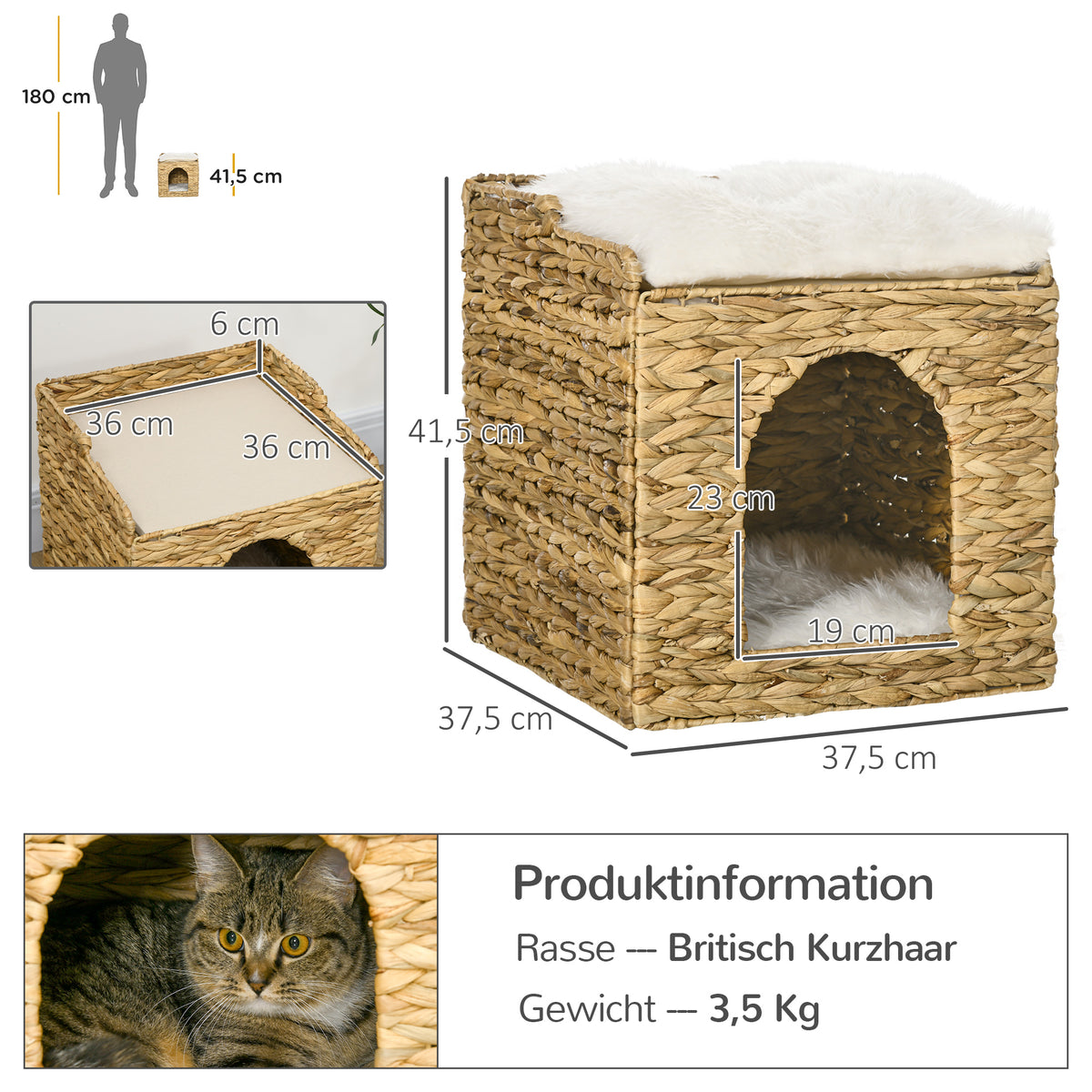 PawHut Katzenhöhle aus Wasserhyazinthen-Gras, 2 Liegefläche, 2 waschbare Kissen, Natur + Weiß