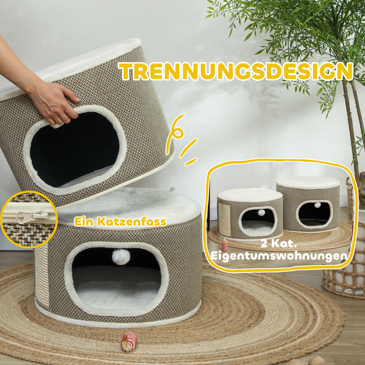 PawHut Katzenfass, 3 Ebenen, mit Kissen, Kratzmatte, Spielbällen, Katzenhaus für Innenbereich, Braun