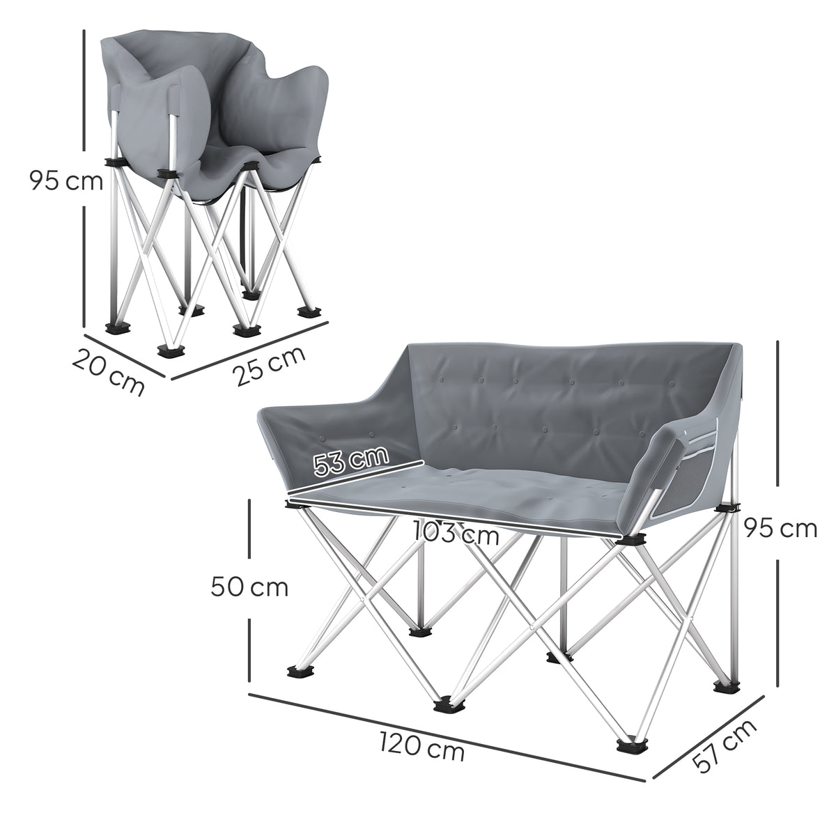Outsunny Faltstuhl 2 Sitzer faltbar Campingstuhl mit Armlehnen Seitentasche bis 240kg belastbar Grau