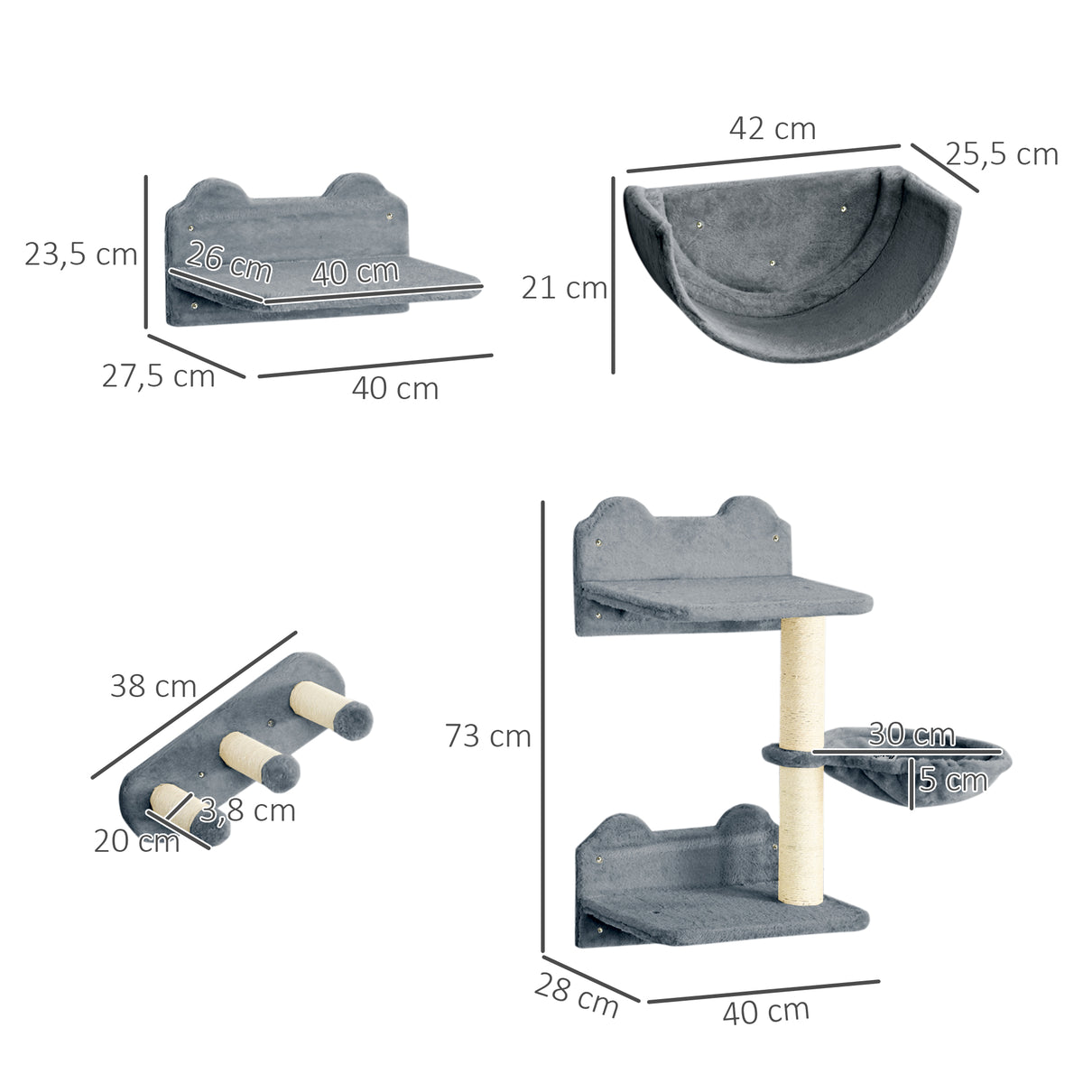 PawHut Kletterwand-Set für Katzen, Hängematte, Kratzbrett, Sprungplattformen, Plüsch, Sisal, Grau