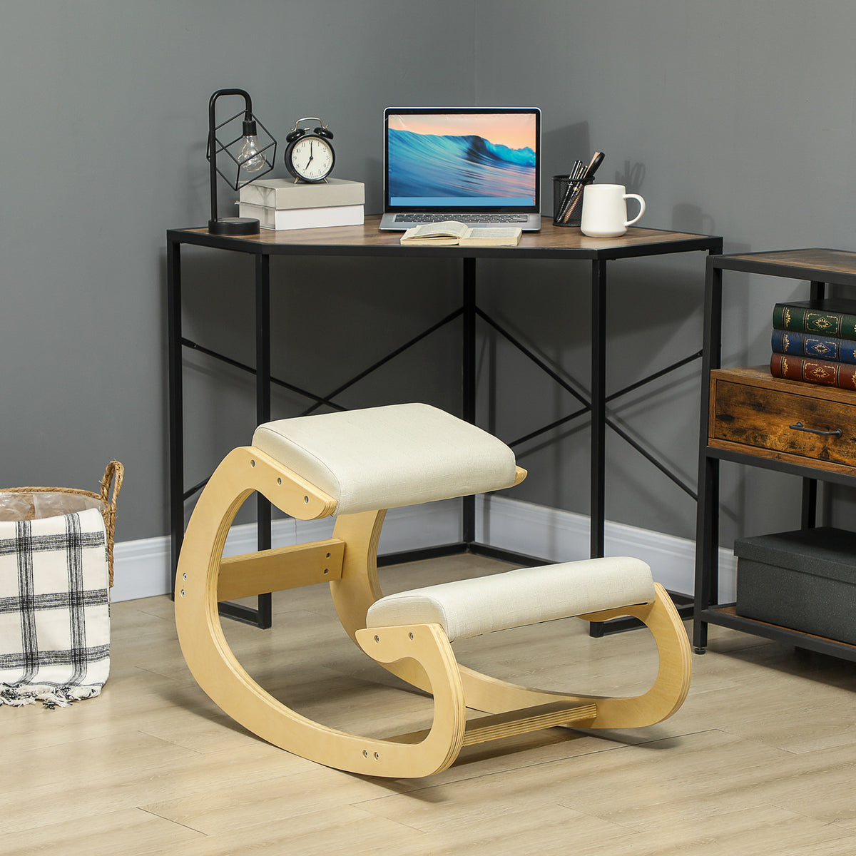 HOMCOM Ergonomischer, schaukelnder Kniehocker für Homeoffice, zur Verbesserung der Körperhaltung, Creme