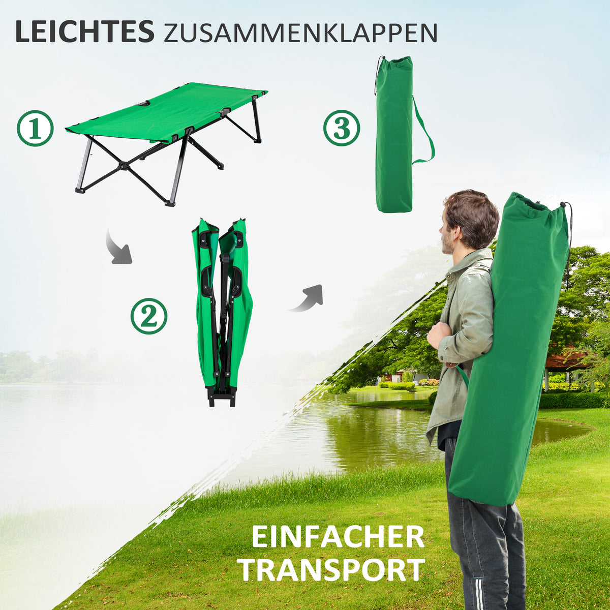 Outsunny Campingbett Feldbett Klappbett klappbar mit Seitentasche Getränkehalter bis 136 kg belastbar Stahl Oxford Grün+Schwarz 190 x 65 x 40 cm