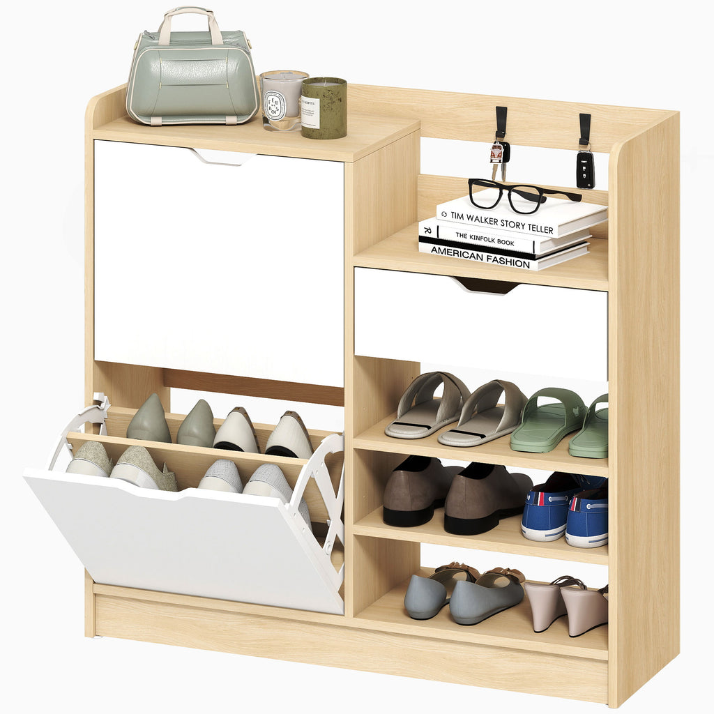 HOMCOM Schuhregal für Flur, Schuhschrank mit Kippschubladen, offenen Regalen, 4 Haken, für bis zu 14 Paar Schuhe, Natur