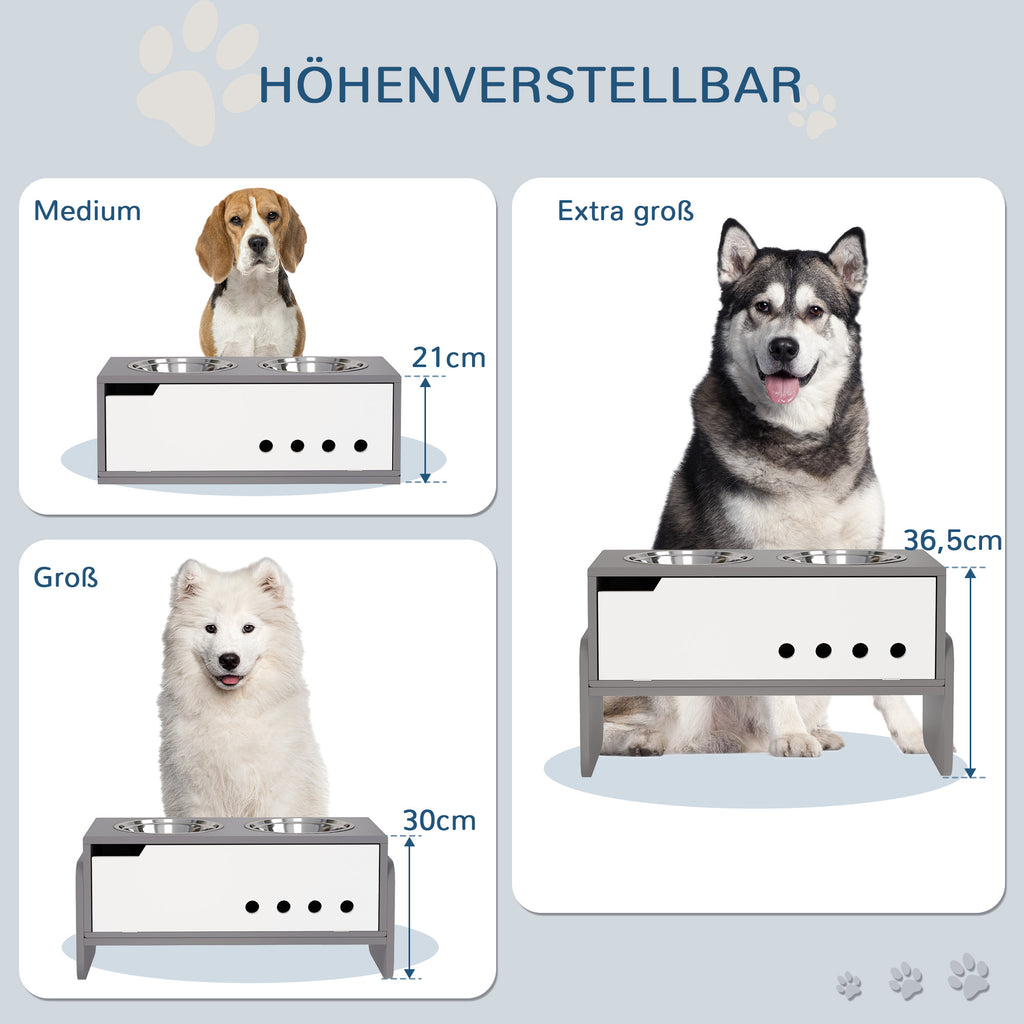 PawHut Erhöhte Fütterungsstation für Hunde, mit Stauraum und Anti-Schling-Matte, 2 x 2000 ml Edelstahlnapf, Grau