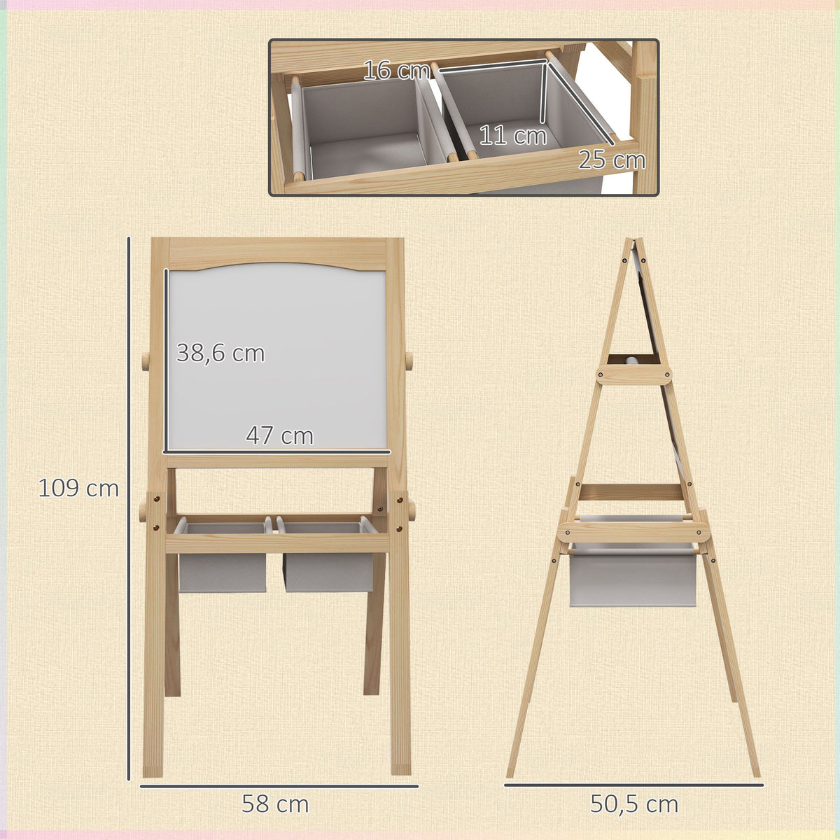 AIYAPLAY Kinderstaffelei Doppelseitige Schiefertafel Weiße Tafel Kreidetafel Papierrolle 58 x 50,5 x 109 cm Natur