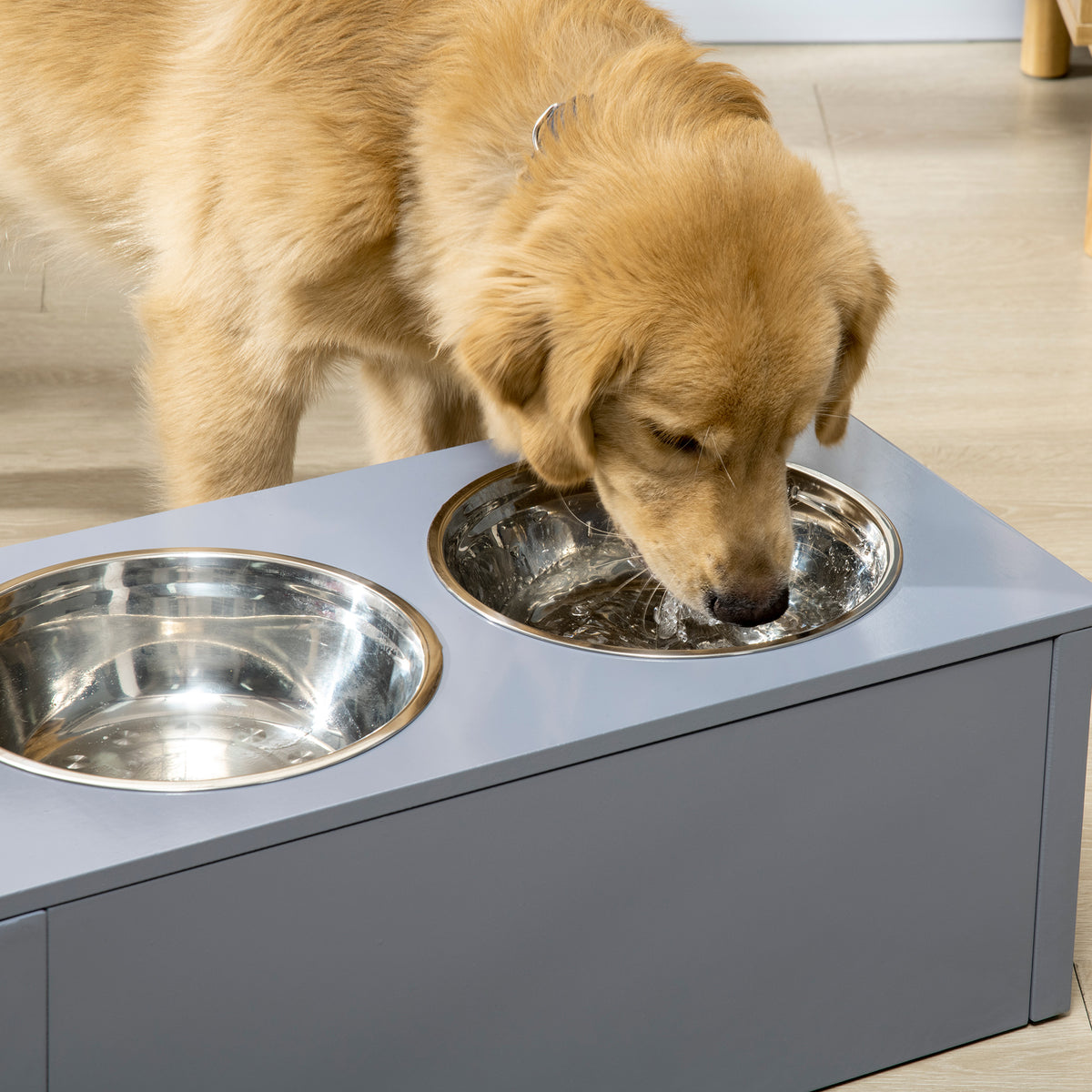 PawHut Futterstation, 2 Fressnäpfe je 2 Liter, Edelstahl, mit Schublade, für mittlere Hunde, grau, 60 x 30 x 24cm
